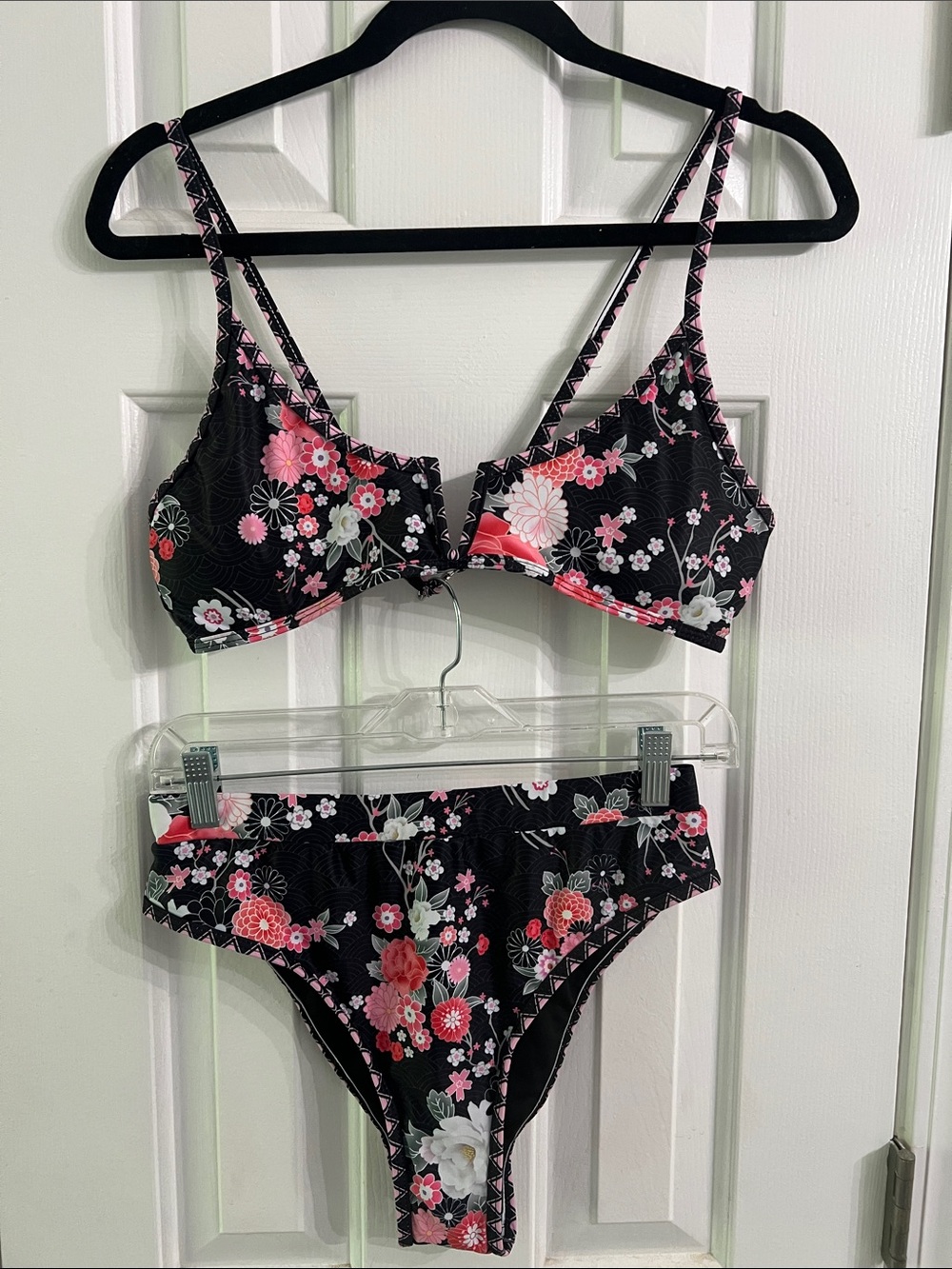 Black Floral Bikini Set with Pink Accents - Women's Swimwear